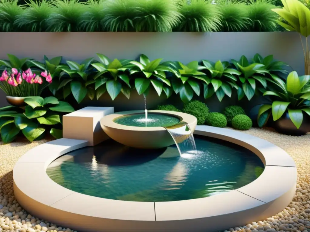 Jardín sereno con elemento agua integrado según Feng Shui, creando armonía y equilibrio