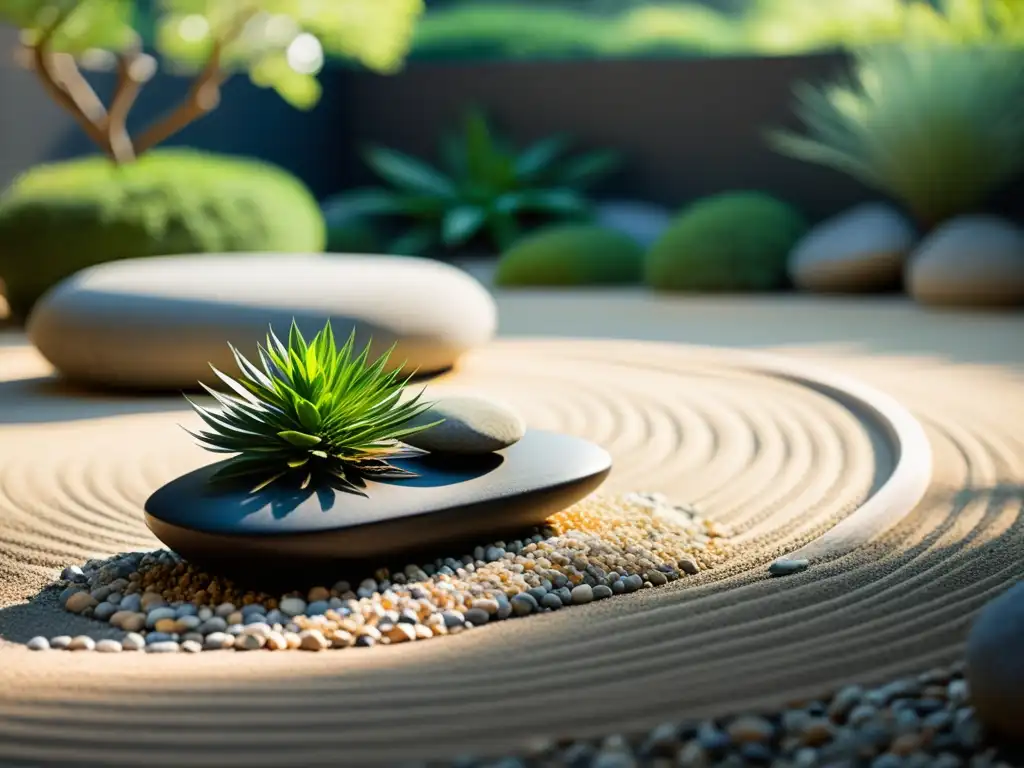 Jardín Zen sereno con elementos del Feng Shui: grava, rocas y plantas, creando armonía y tranquilidad