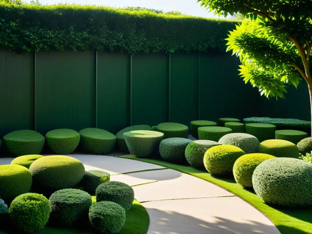 Jardín sereno con elementos naturales, sendero de piedra y asiento bajo árbol arqueado