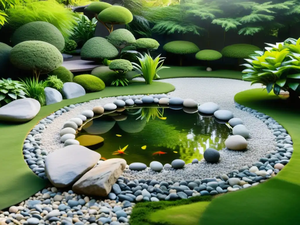 Jardín sereno y equilibrado con rocas, sendero sinuoso y estanque tranquilo, aplicando principios de Feng Shui para jardines biodiversos