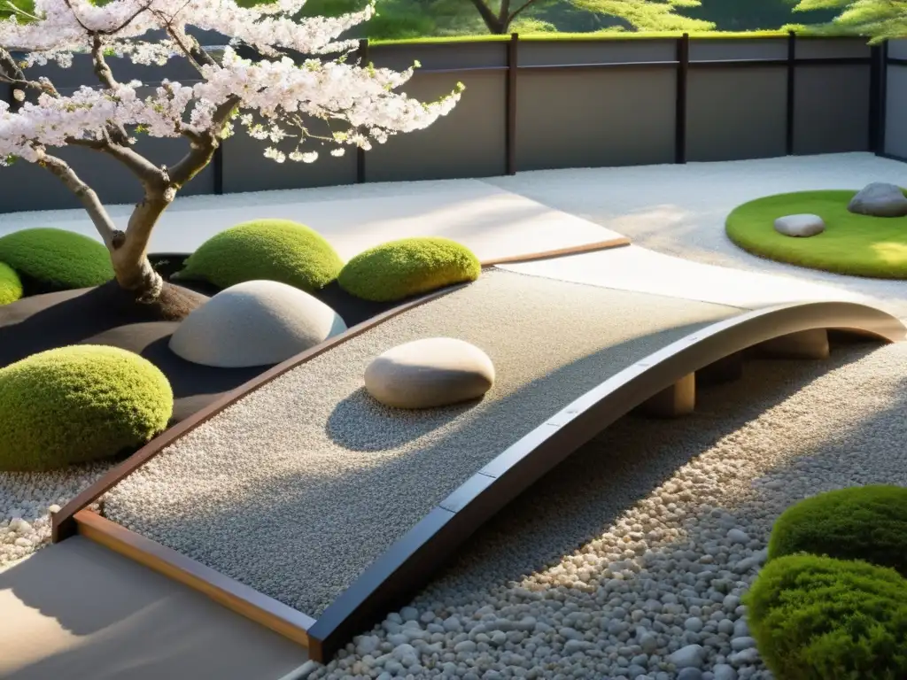 Jardín Zen sereno con equilibrio emocional y Feng Shui, grava, puente y árboles de cerezo en flor