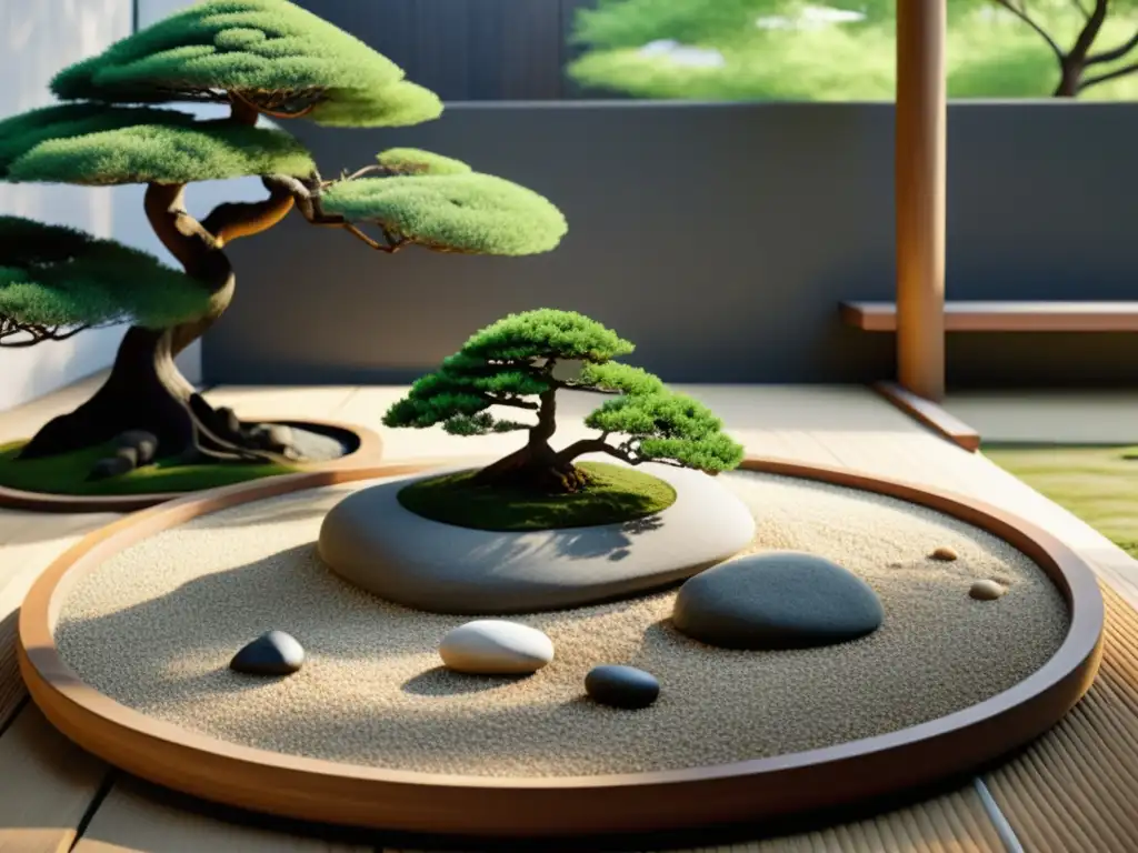 Un jardín Zen sereno con diseño Feng Shui, equilibrio y tranquilidad con bonsái, rocas y arroyo