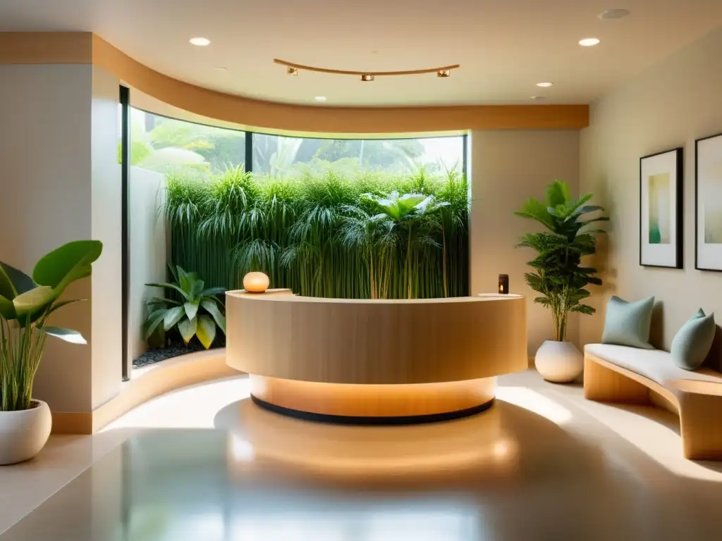 Recepción de spa sereno y minimalista con diseño Zen Diseño de recepción spa Feng Shui: Sereno espacio con una recepción minimalista, decoración cuidadosamente seleccionada y luz natural