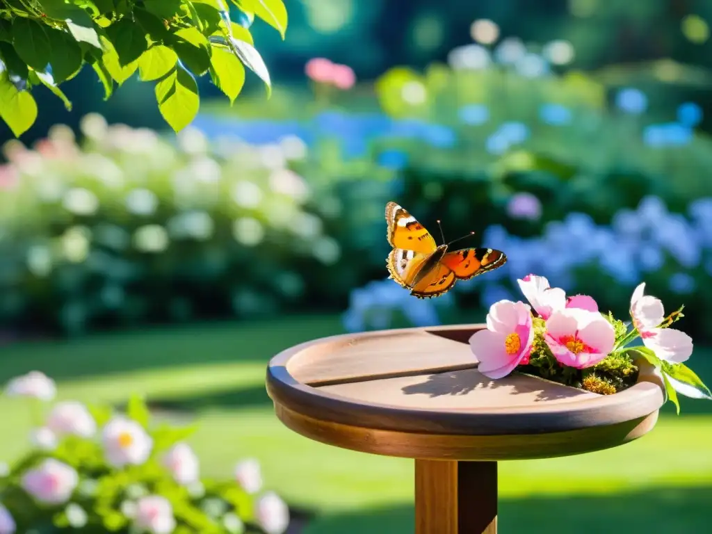 Jardín sereno con flores coloridas, mariposa, aves y energía Feng Shui