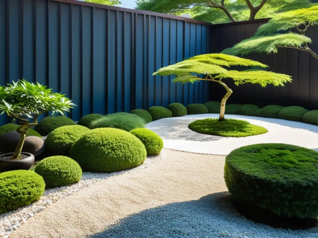 Jardín Zen sereno con grava blanca, rocas cubiertas de musgo, un arce japonés y bambú, emitiendo tranquilidad para el Feng Shui