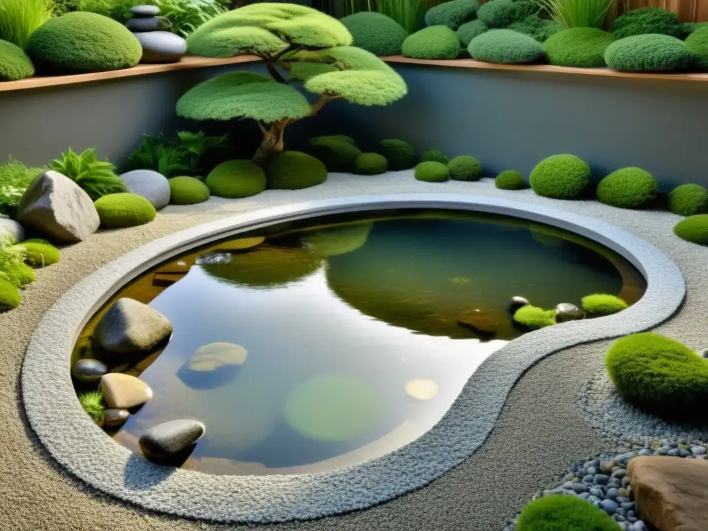 Un jardín zen sereno con grava cuidadosamente rastrillada y una disposición perfectamente colocada de rocas, rodeado de exuberante vegetación y un estanque tranquilo que refleja el paisaje circundante