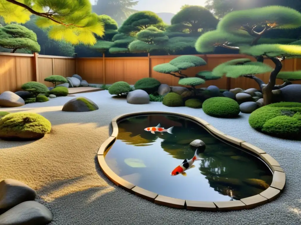 Un jardín Zen sereno con grava cuidadosamente rastrillada, rocas estratégicamente ubicadas y árboles escasos y perfectamente podados