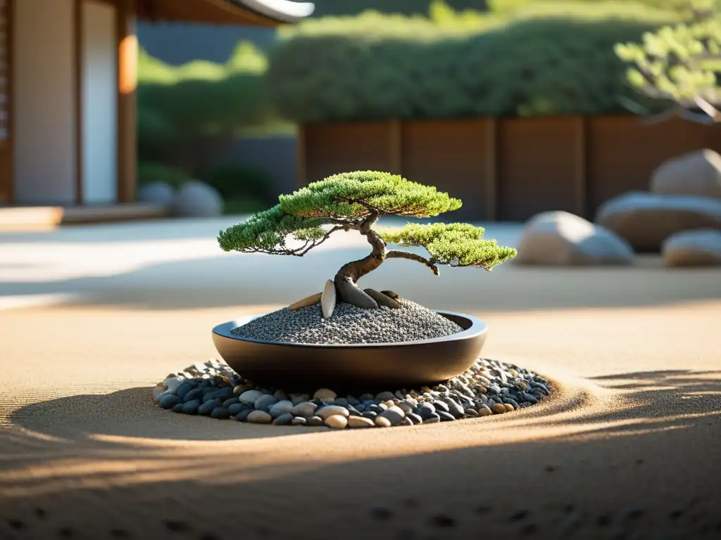 Un jardín Zen sereno con grava cuidadosamente rastrillada, rocas estratégicamente colocadas y un elegante árbol bonsái al fondo