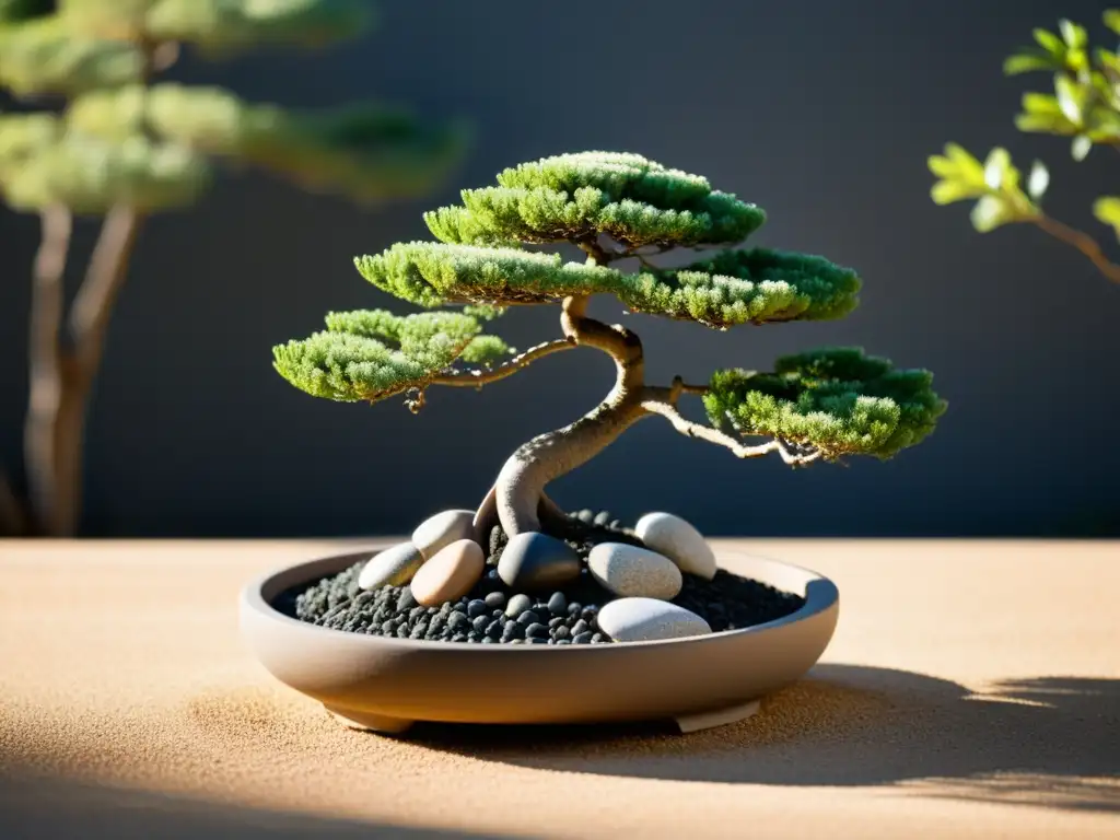 Un jardín Zen sereno con grava cuidadosamente rastrillada, rocas estratégicamente ubicadas y un hermoso árbol bonsái en una maceta de cerámica