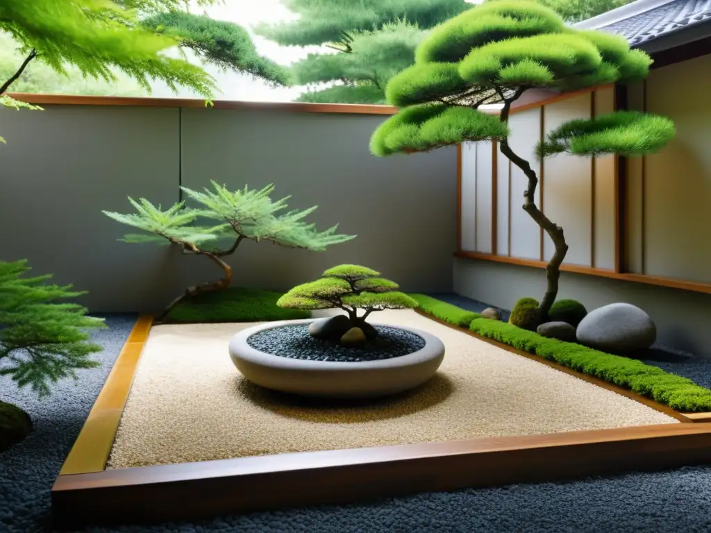 Jardín Zen armonía hogar Feng Shui: Sereno jardín con grava, rocas, musgo, bonsáis y agua, bañado por la luz de la tarde