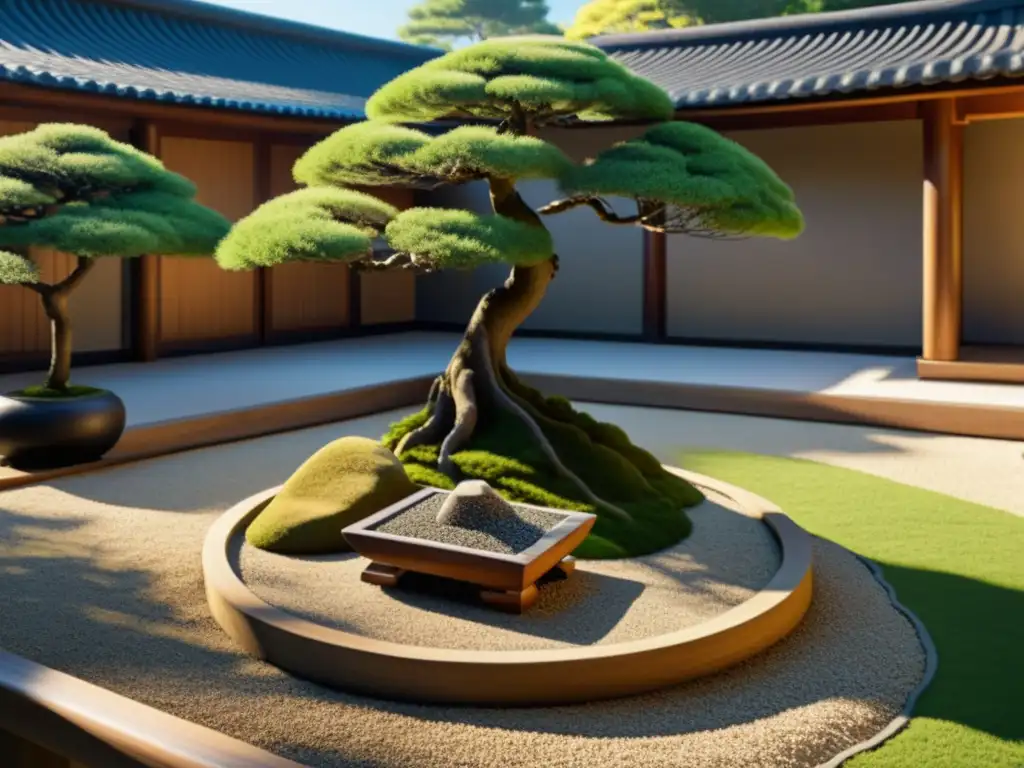 Un jardín zen sereno con gravilla cuidadosamente rastrillada, rocas cubiertas de musgo y un árbol bonsái perfectamente colocado