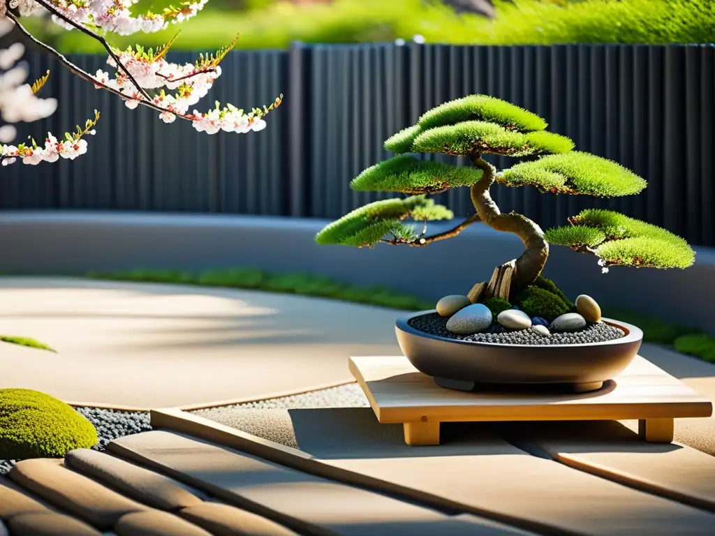 Un jardín zen sereno con gravilla rastrillada, rocas cubiertas de musgo y un elegante árbol bonsái en una maceta de cerámica