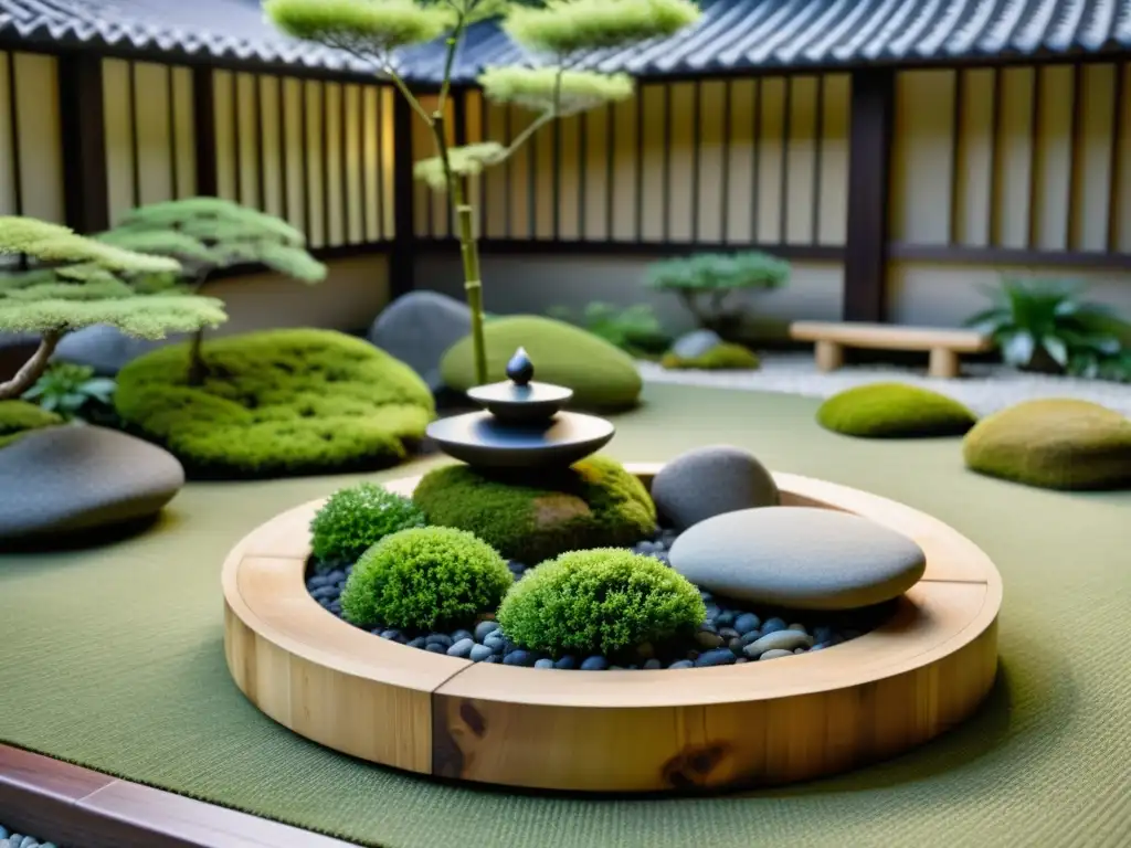 Jardín japonés sereno con gravilla, musgo verde exuberante, rocas suaves y linterna de piedra