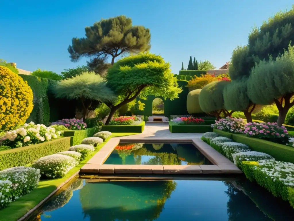 Un jardín persa sereno con hileras de arbustos y flores vibrantes