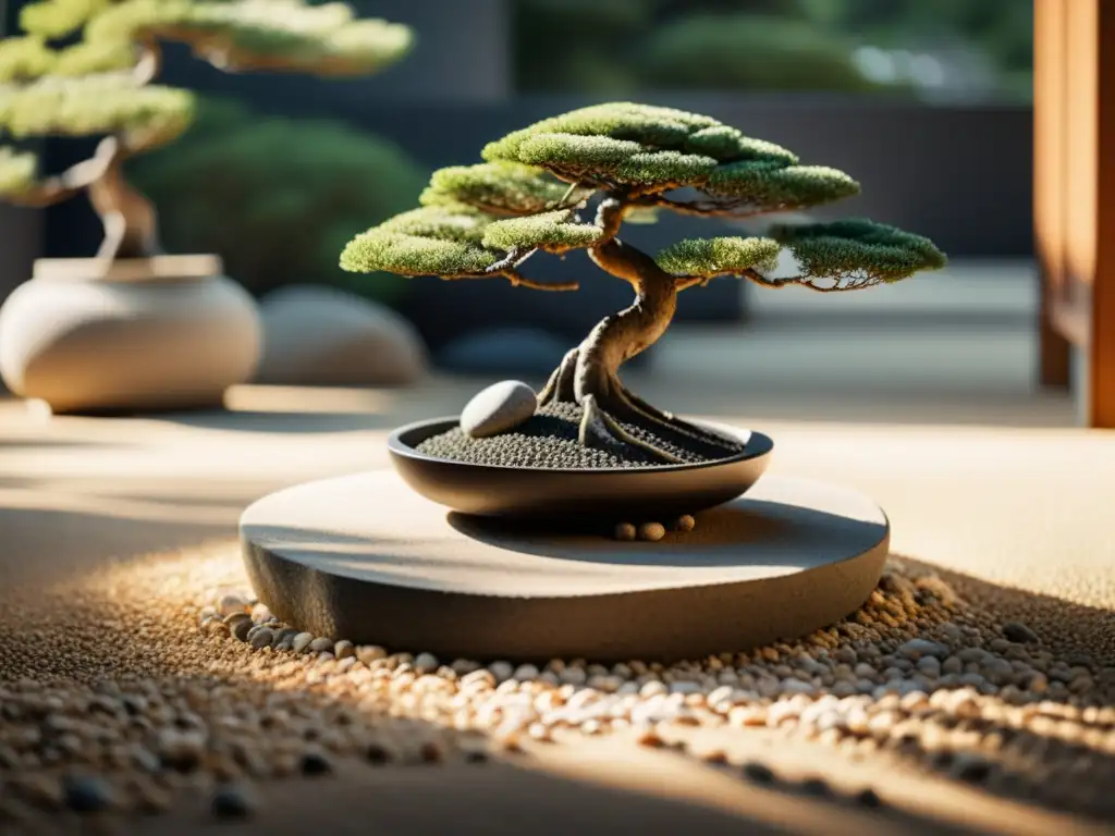 Jardín zen sereno con evolución del Feng Shui con influencia budista, grava rastrillada, rocas y bonsái