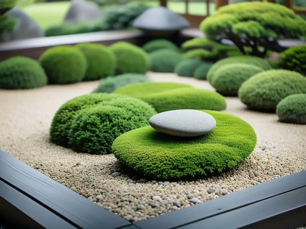 Una fotografía de alta resolución de un sereno jardín japonés, con grava cuidadosamente rastrillada y rocas estratégicamente colocadas, rodeado de exuberante vegetación y bañado por una suave luz natural