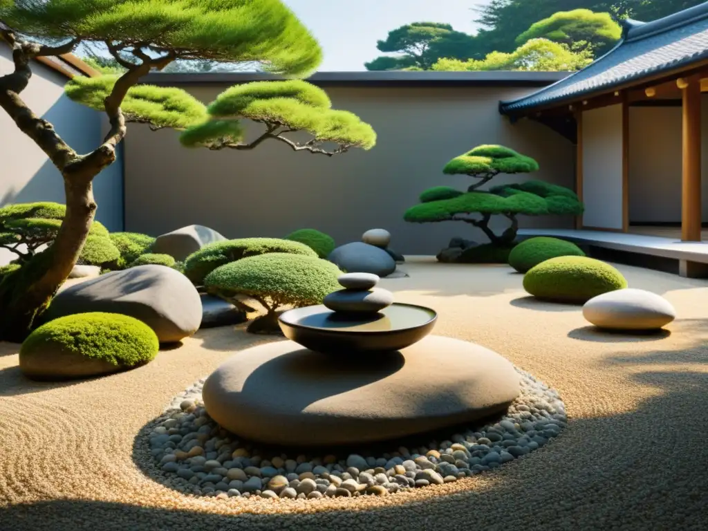 Jardín Feng Shui en armonía: Sereno jardín japonés con patrones en la grava, piedras suaves y bonsáis, iluminado por la tarde