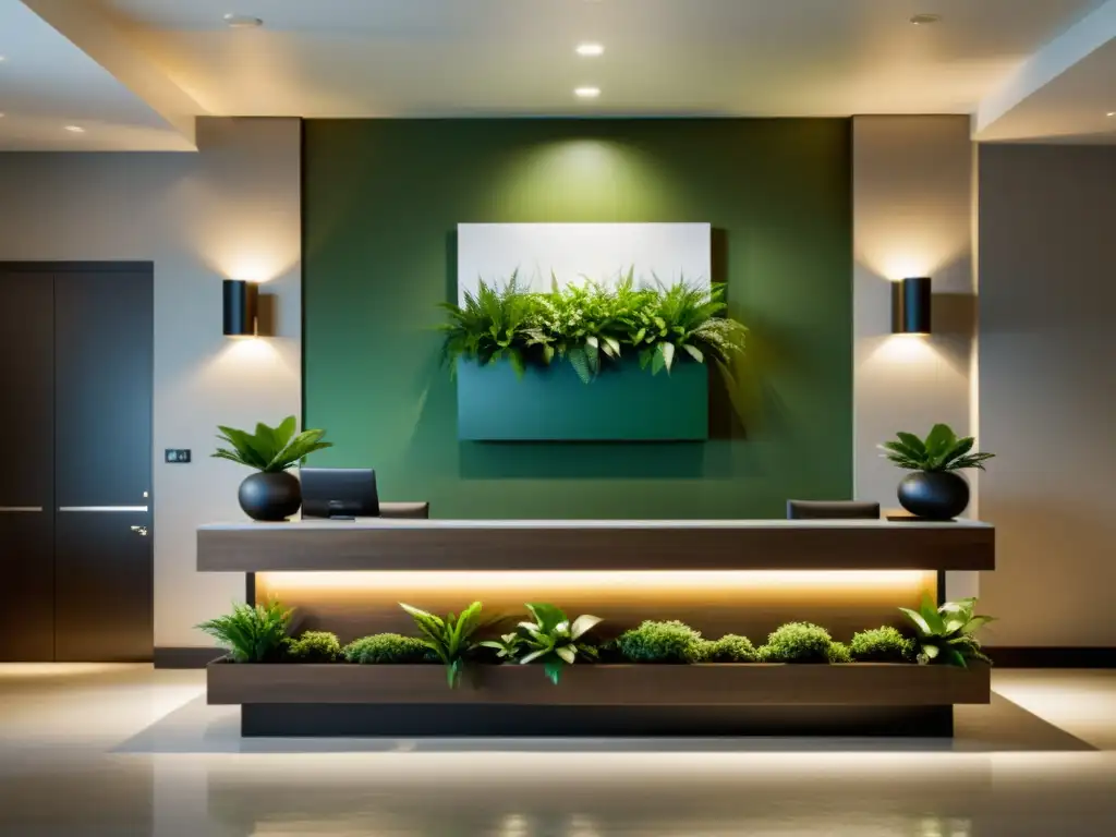 Transformación boutique hotel con Feng Shui: Sereno lobby minimalista con elegante recepción, agua relajante y mobiliario contemporáneo