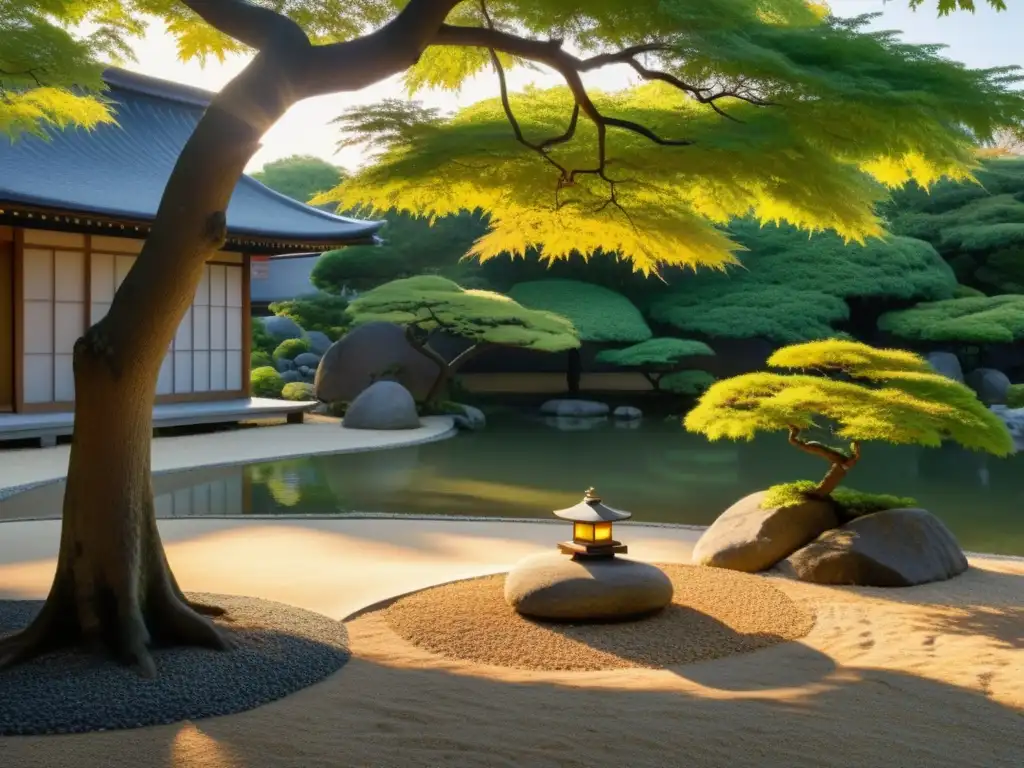 Jardín japonés sereno al atardecer: armonía y tranquilidad Jardín japonés sereno con luz cálida al atardecer, reflejando armonía y equilibrio