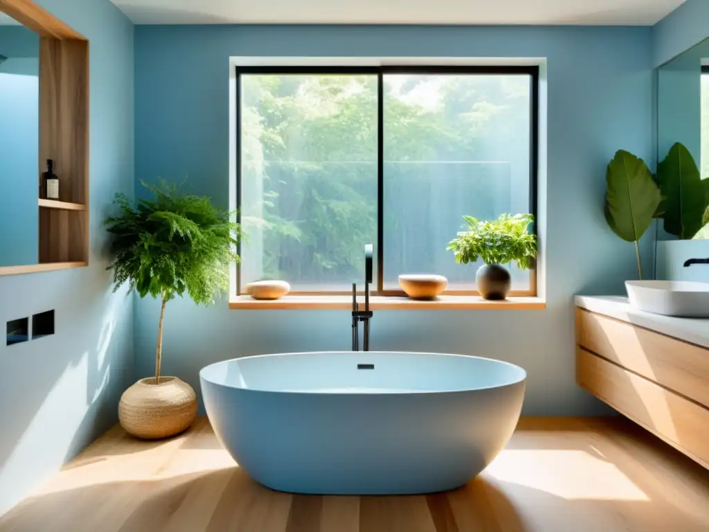 Diseño Feng Shui para baños: Baño sereno con luz natural, bañera y colores calmantes