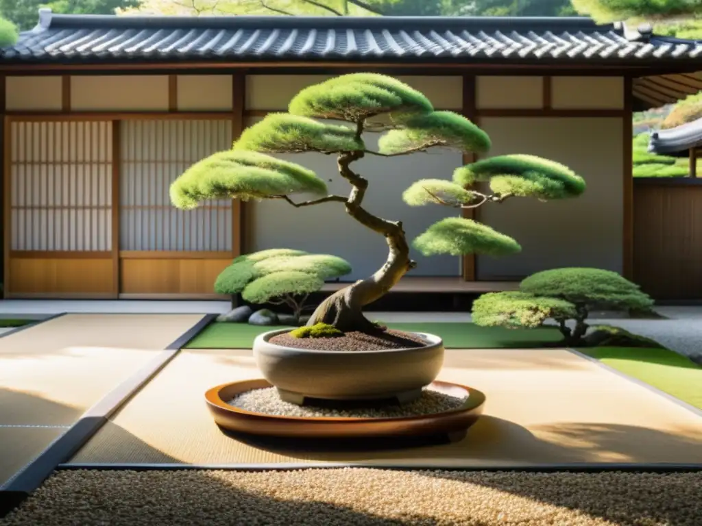 Jardín japonés sereno con bonsái en maceta de barro, rocas, cerca de bambú y casa de té