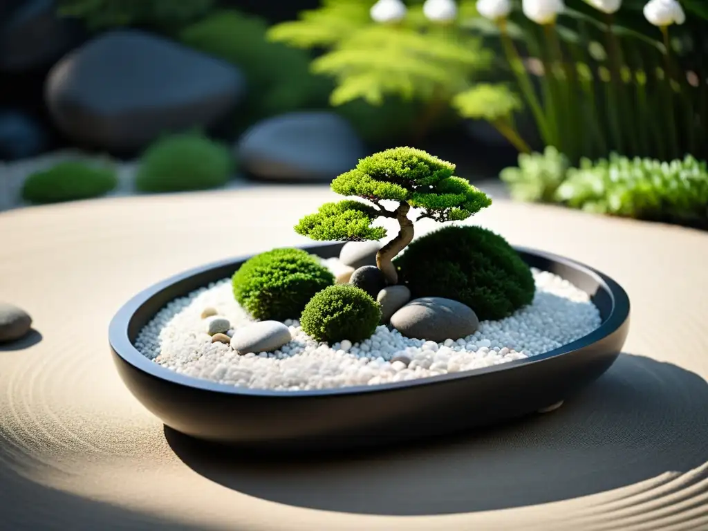 Un jardín Zen sereno y minimalista con un árbol bonsái en una maceta de cerámica, rodeado de gravilla blanca y rocas