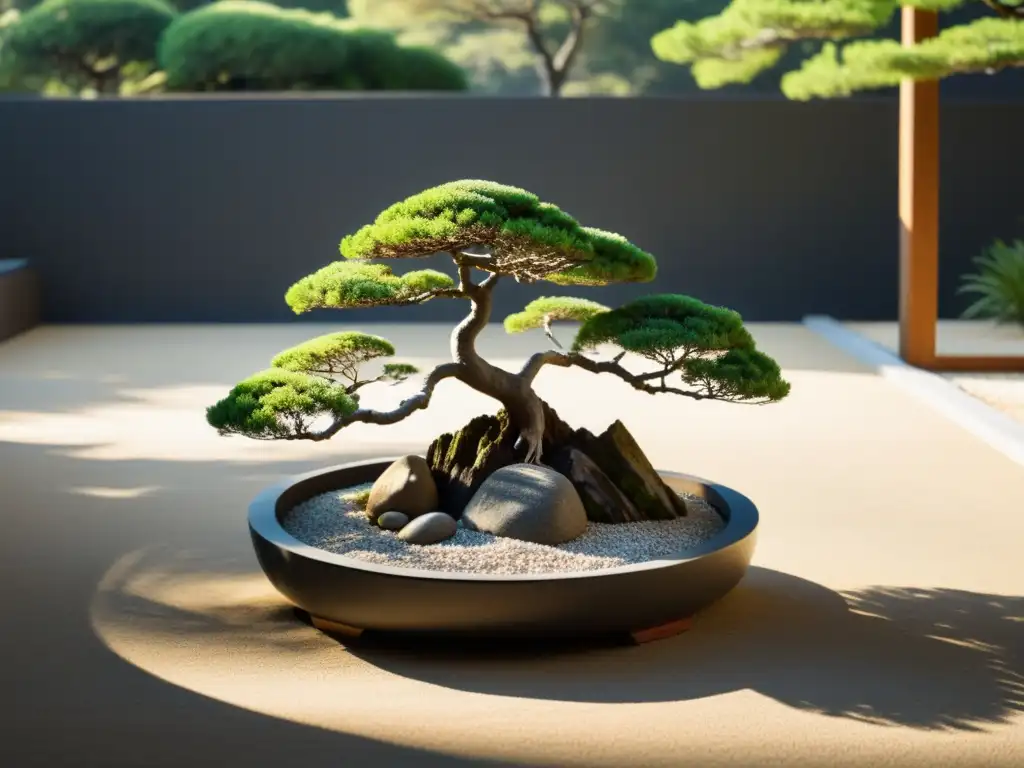 Un jardín zen sereno y minimalista con un árbol bonsái perfectamente podado en el centro, irradiando tranquilidad y equilibrio