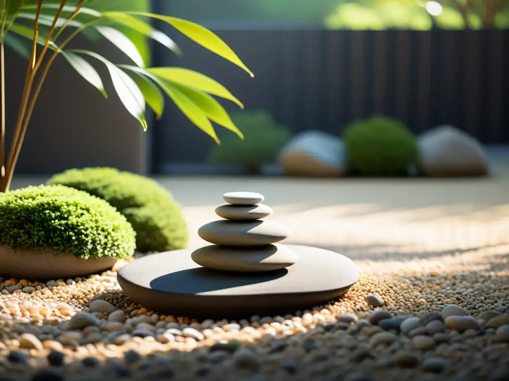 Un jardín Zen sereno y minimalista con decoración Feng Shui para Pascua, creado con armonía natural, equilibrio y belleza