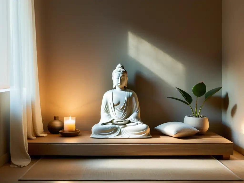 Un rincón de meditación sereno y minimalista con elementos de Feng Shui en el hogar