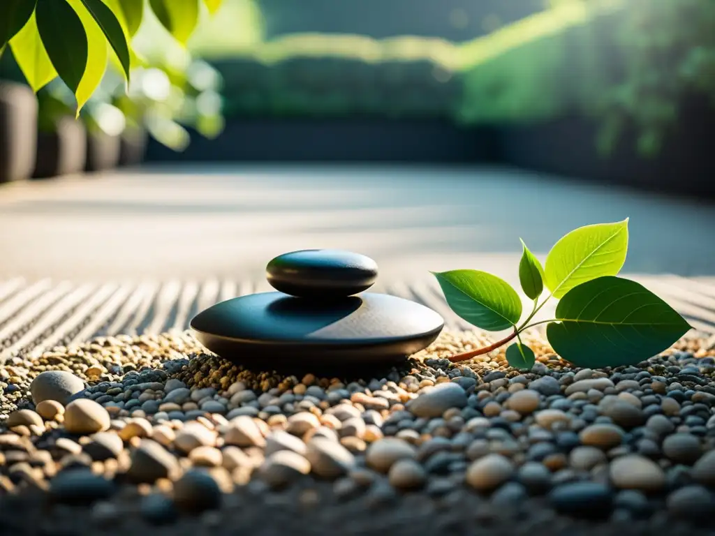 Un jardín Zen sereno y minimalista con grava cuidadosamente rastrillada, piedras equilibradas y exuberante vegetación