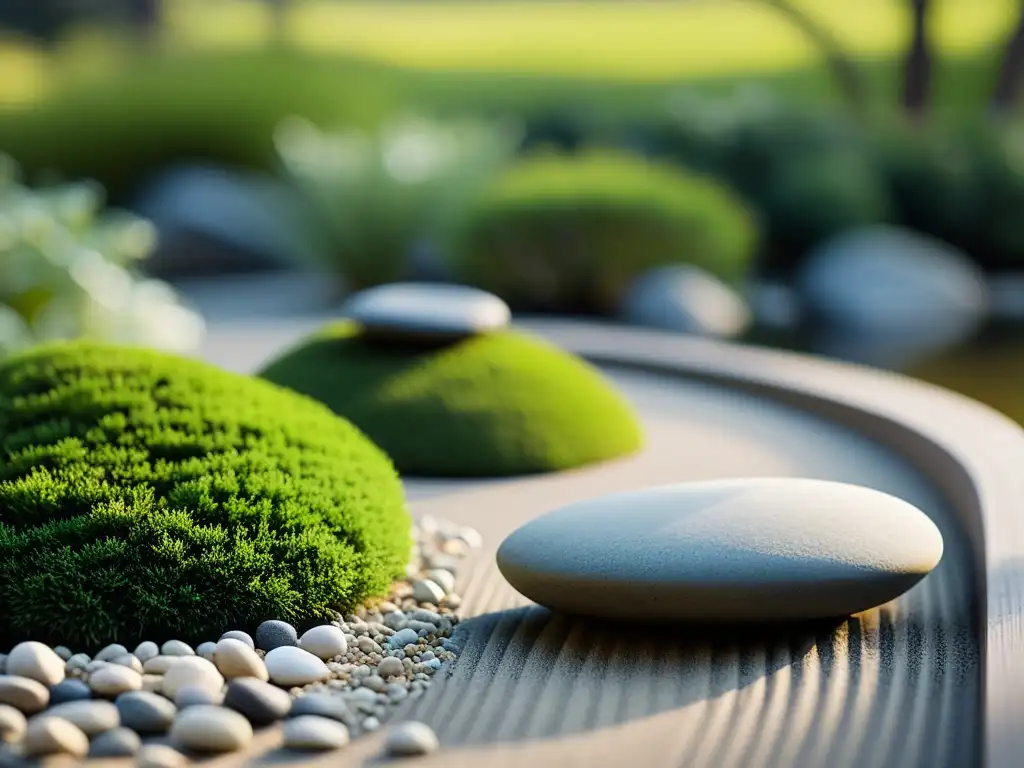 Un jardín Zen sereno y minimalista con gravilla rastrillada, rocas suaves y musgo