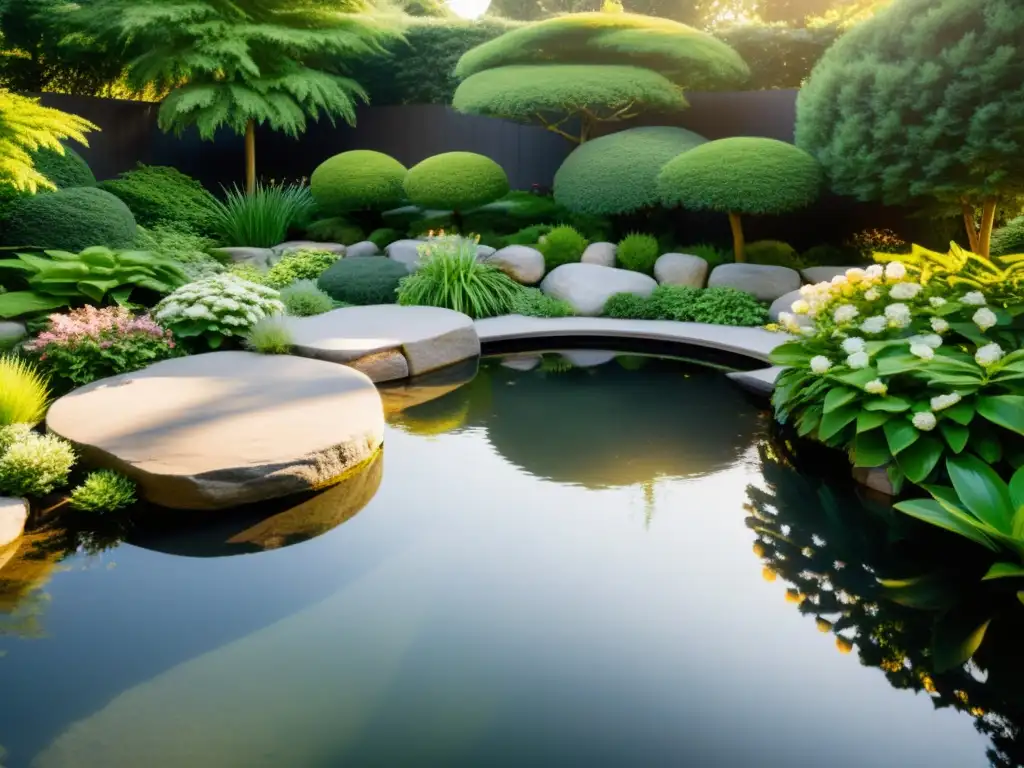 Un jardín Feng Shui sereno y minimalista con rocas, un pequeño estanque tranquilo y exuberante vegetación, bañado en suave luz dorada