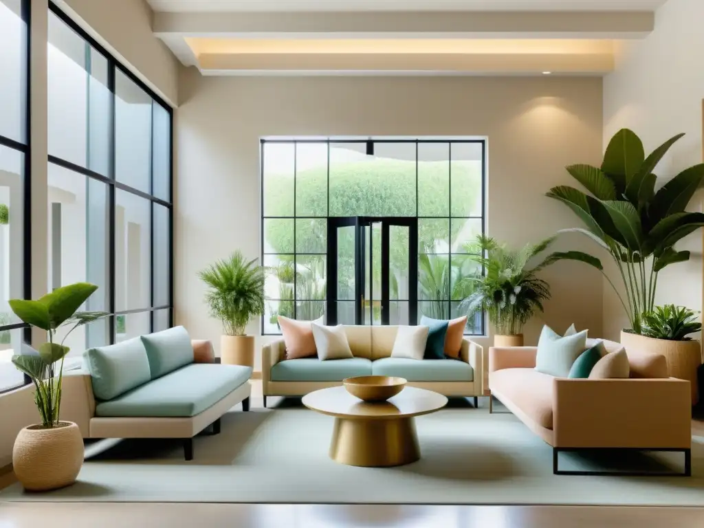 Transformación boutique hotel con Feng Shui: Lobby sereno, mobiliario cuidadosamente dispuesto, luz natural y armonía en tonos suaves y pasteles