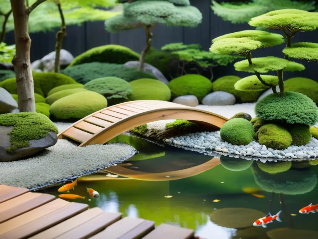 Jardín Zen sereno con paleta de colores para Feng Shui: grava, musgo verde vibrante, un roca y un estanque con koi