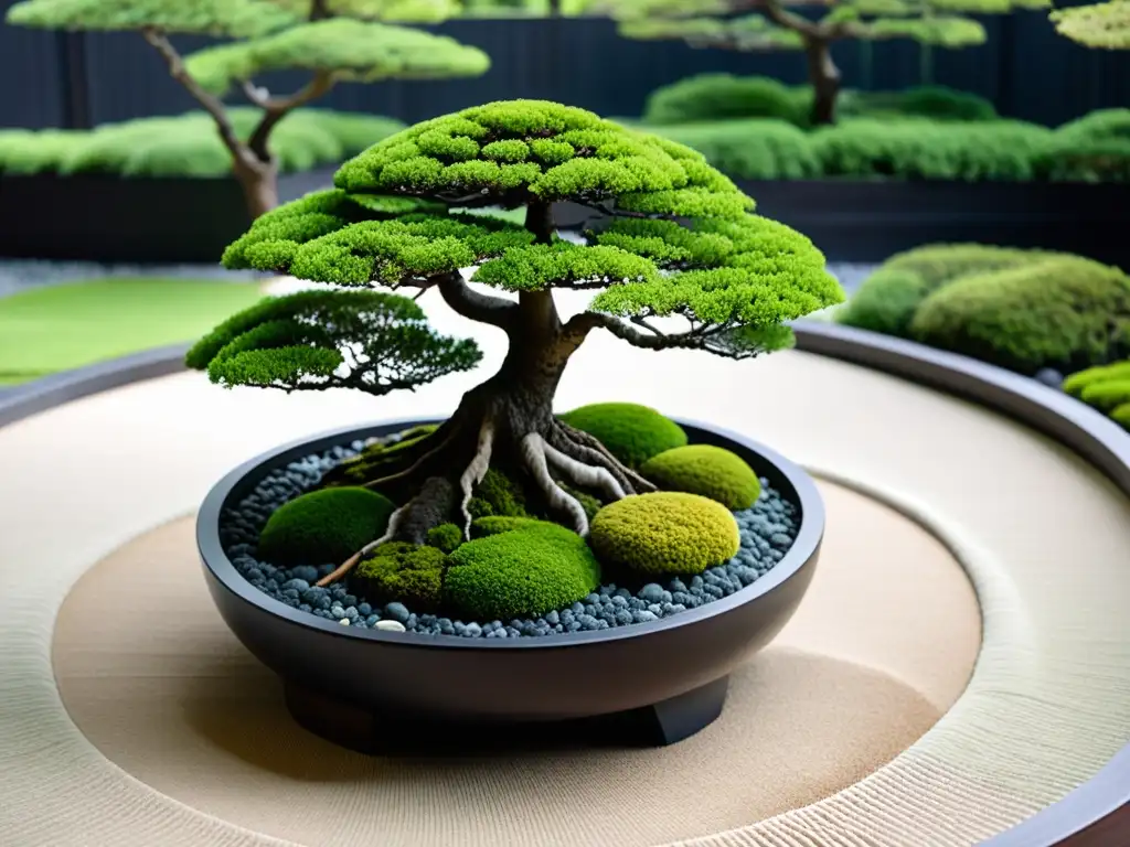 Un jardín zen sereno con paletas de colores para Feng Shui: grava, musgo y un elegante árbol bonsái en el centro