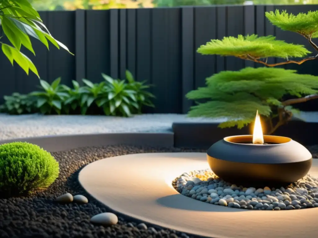 Jardín Zen sereno con piedras y cerámica, equilibrio y estabilidad feng shui