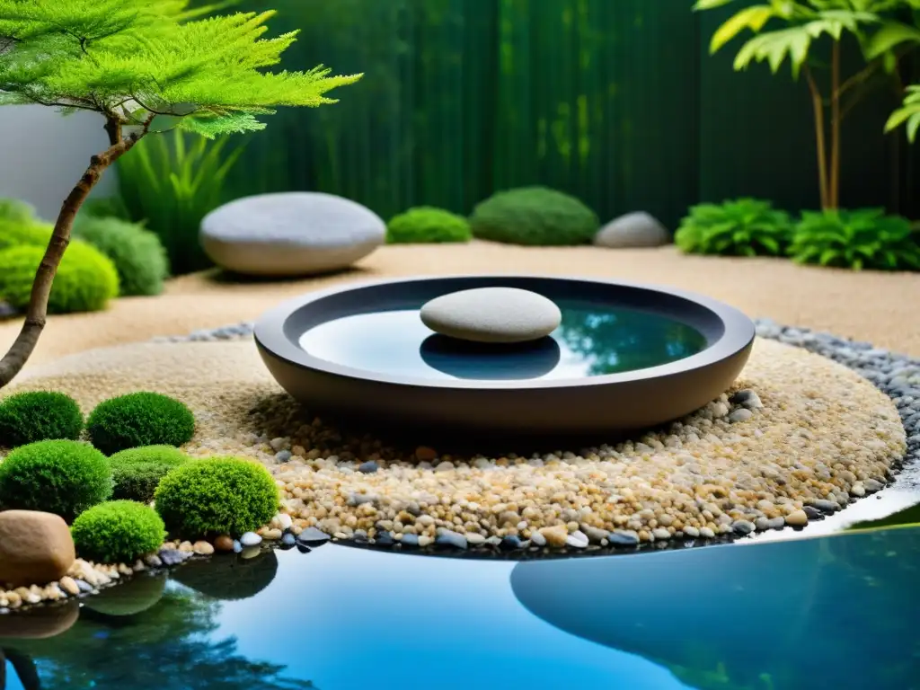 Jardín Zen sereno con piedras cuidadosamente dispuestas y grava, rodeado de vegetación exuberante y un estanque tranquilo que refleja el cielo azul