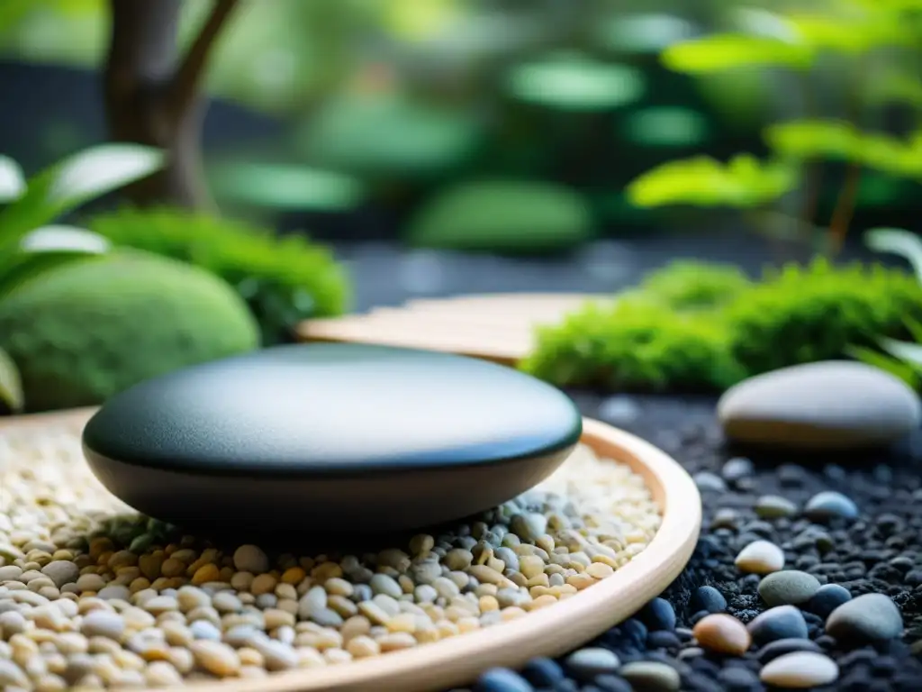 Un jardín zen sereno con piedras cuidadosamente dispuestas y grava rastrillada, rodeado de exuberante vegetación