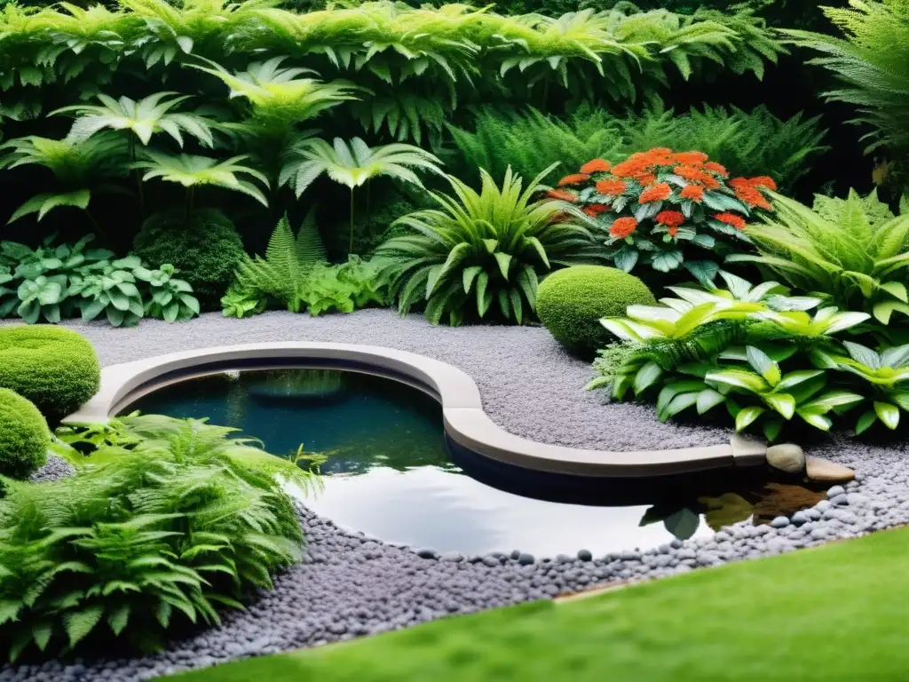 Jardín sereno con plantas perennes para jardín Feng Shui, exudando armonía y tranquilidad con su follaje exuberante y equilibrio natural