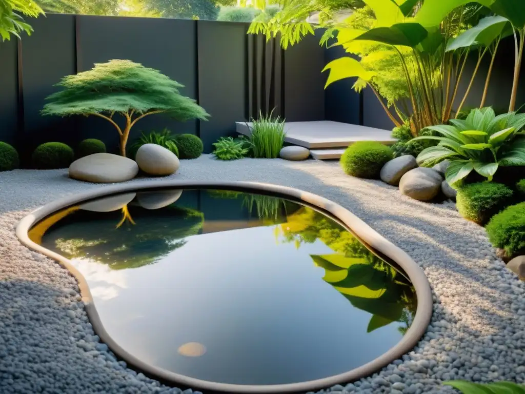 Jardín sereno con plantas para Feng Shui, rocas y estanque tranquilo reflejando la naturaleza