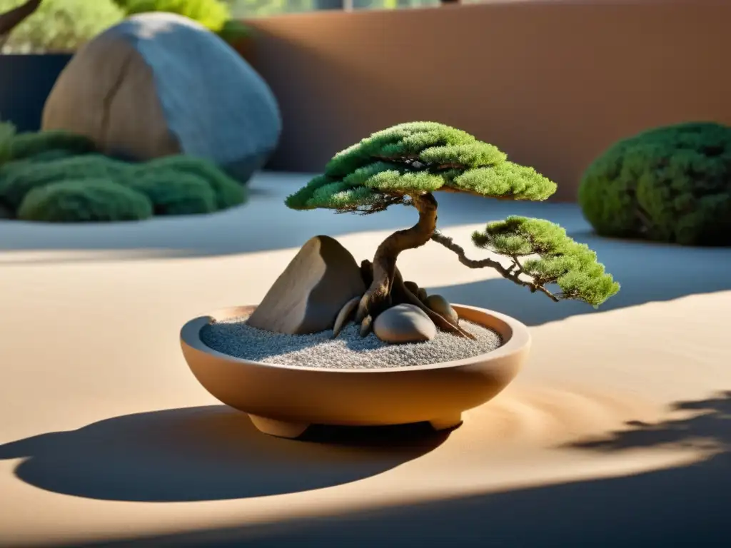 Un jardín Zen sereno con rocas asimétricas y un elegante árbol bonsái en maceta de barro, bañado por la suave luz matutina