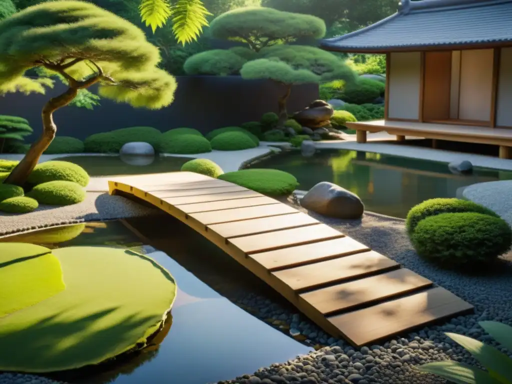 Un jardín Zen sereno con rocas estratégicamente colocadas y un puente de madera sobre un estanque