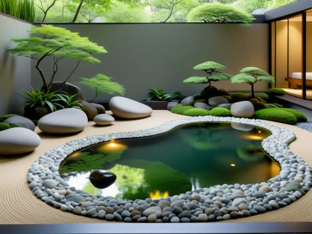 Un jardín Zen sereno con rocas cuidadosamente dispuestas, un estanque tranquilo y exuberante vegetación, bañado en luz natural suave