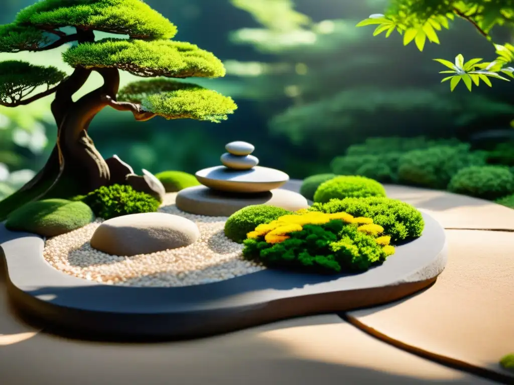 Un jardín Zen sereno con rocas cuidadosamente dispuestas, un sendero de grava serpenteante y árboles bonsái perfectamente podados