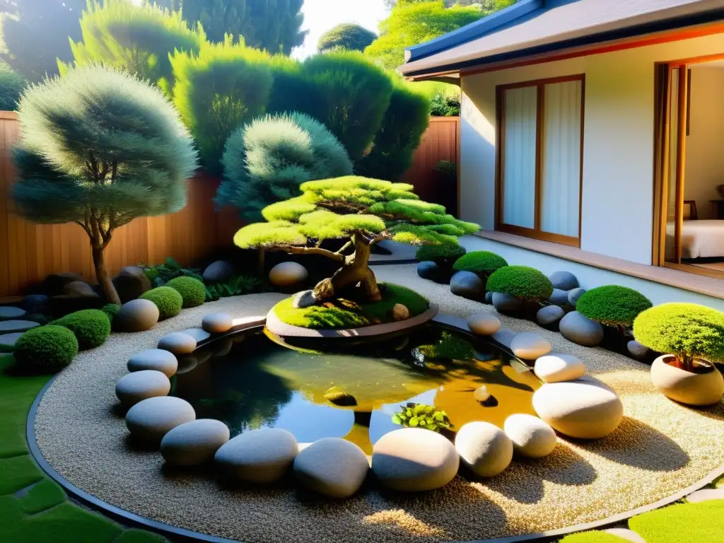 Jardín sereno con rocas, estanque y bonsáis en armonía con la naturaleza