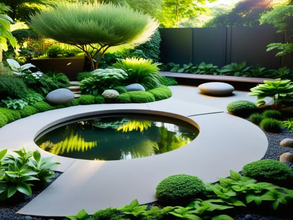 Jardín sereno con rocas, estanque, camino sinuoso y plantas vibrantes