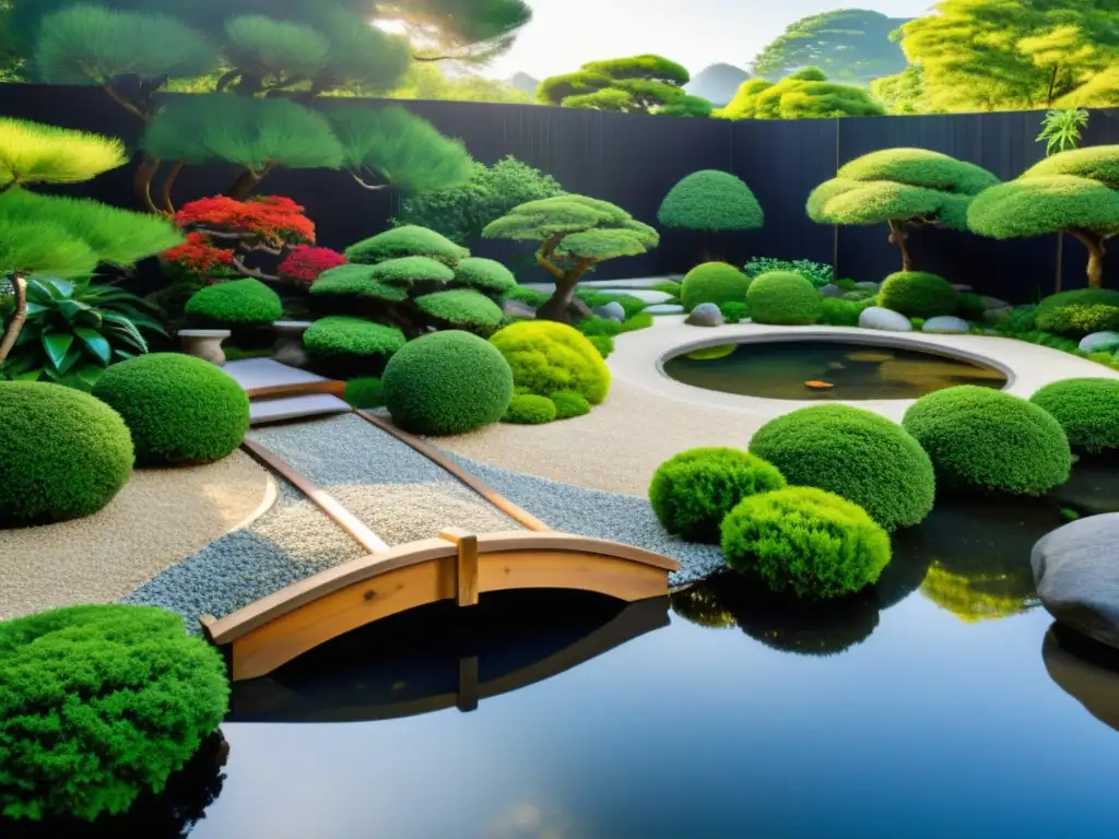 Un jardín zen sereno con rocas estratégicas, un puente de madera sobre un estanque tranquilo y exuberante vegetación