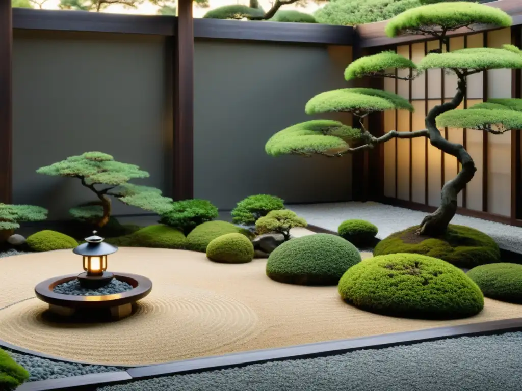 Jardines Feng Shui para armonía: un sereno jardín de rocas japonés con bonsáis y una linterna, evocando calma zen