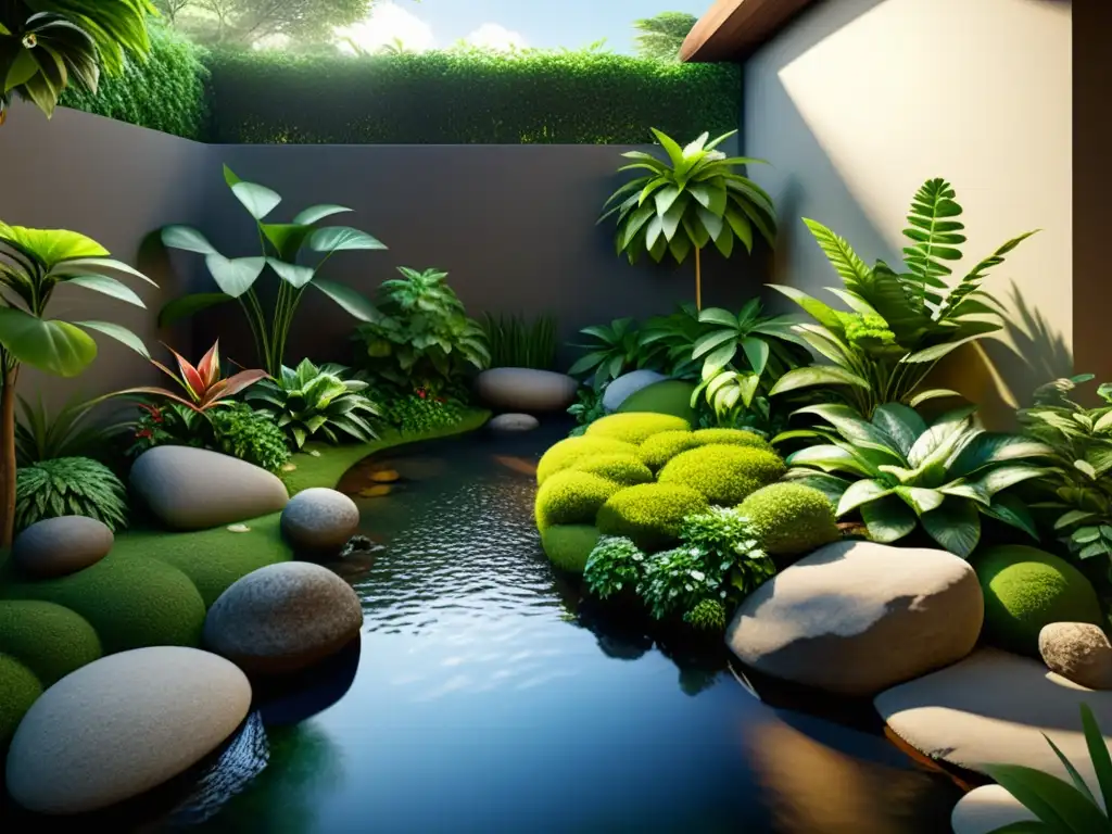 Jardín sereno con rocas y plantas, arroyo y luz filtrada; sigue principios de Feng Shui para Permacultura