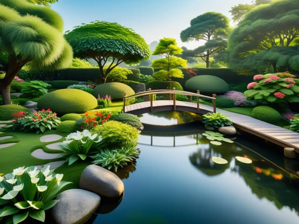 Jardín sereno con rocas, puente y estanque, rodeado de vegetación exuberante y flores vibrantes